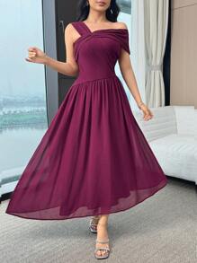 Modelyn Women's Solid Color Asymmetric Neck Ruffle Elegant Dress