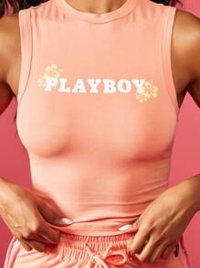 Missguided x Playboy Top atletico estivo senza maniche, canotta crop top per allenamento, top sportivo da corsa con stampa floreale di ibisco hawaiano, schiena aperta, per palestra, allenamento, fitness