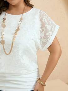 EMERY ROSE 大码女式优雅纯色提花拼布衬衫，夏季 - 白色 - 查看 6