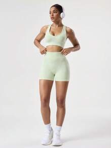 SHEIN Sports Conjunto de ropa deportiva de top de tirantes y shorts de unicolor simple para mujer - verde menta - Ver 6