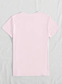 INAWLY 蝴蝶印花水钻装饰短袖圆领T恤新年衣服图案T恤女上衣 - 淺粉色 - 查看 2