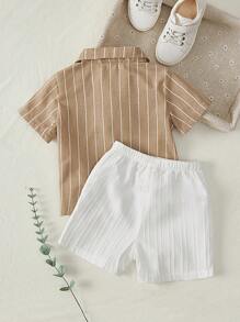 Cozy Pixies Baby Boy Vertical Striped Lapel Short Sleeve Cardigan And Solid Elastic Waist Shorts 2 Pieces Set - Khaki - View 2