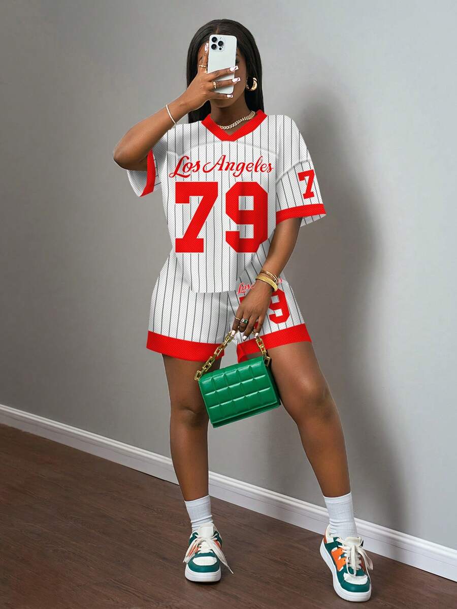 Slaydiva 2pcs Set: 79 Number Striped Graphic Short Sleeve Cropped T-Shirt For Women, Casual Summer Outfit Suitable For Going Out