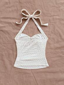 Soleia 度假 V 领花朵金属扣带白色针织纹理修身女式背心，适合音乐节、波西米亚风、度假、约会、下午茶 - 白色 - 查看 2