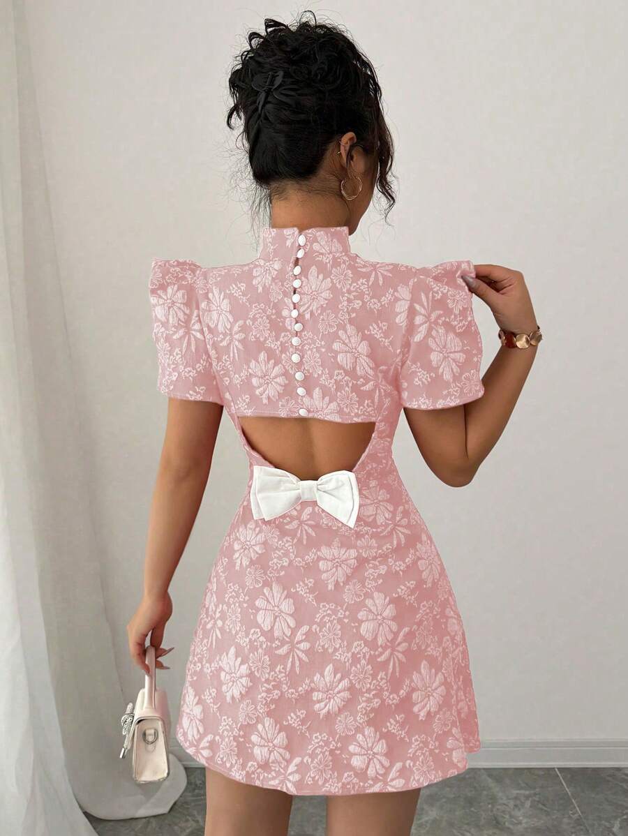 Elenzga Women's Vintage Red Textured Fabric Puff Sleeve Elegant High Collar Back Button Bow Contrasting Cutout Waist Design Slim Short Sleeve Mini Dress, Fashionable Summer - Pink - View 1