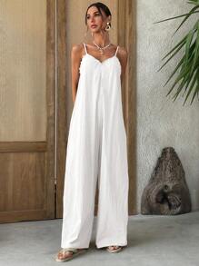 Brillora 女士纯色荷叶边宽腿宽松连体裤，适合度假 - 白色 - 查看 6