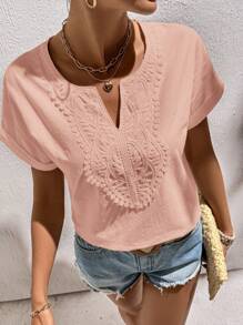 SHEIN LUNE 女士蕾丝拼布水洗棉休闲优雅衬衫 - 粉色 - 查看 3