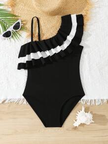 One-Piece Girl's Black & White Ruffled Swimsuit - Black - View 6
