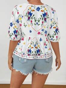 Flirla Blusa de manga farol con estampado de flores para tallas grandes de verano
