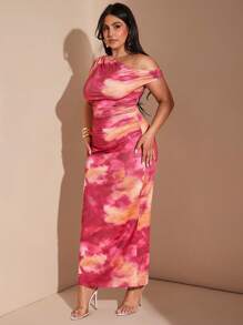 SHEIN BAE Plus Size Women Purple Tie Dye Pattern Print Elegant Long Asymmetrical Neck Bodycon Knit Dress, Suitable For Daily Wear, Commute, Outing, Date, Afternoon Tea, Vacation,Birthday Dresses For Women