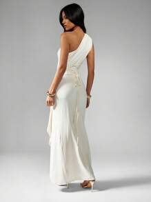 MISSGUIDED Váy Maxi Một Vai Jersey Ruched Side Formal Evening Dress Khách dự tiệc cưới Dịp đặc biệt Draped Side Split Cinched Eo Empire Gathering Party - Màu be - Xem 2