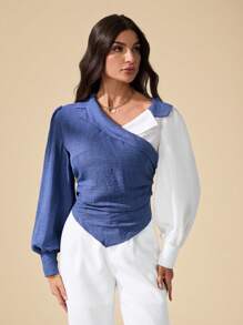 SHEIN Tall Women's Autumn Color Block Ruched Asymmetric Hem Fashion Long Sleeve Blouse, Tall Women - Blue and White - View 9