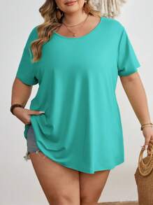 SHEIN CURVE+ 大码纯色休闲短袖T恤，夏季/乡村/海滩度假/沙滩装 - 水鴨藍 - 查看 8