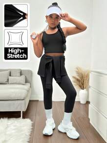SHEIN Camisa con nudo adelante y leggings casuales y deportivos de corte slim para niñas preadolescentes, de vuelta al colegio