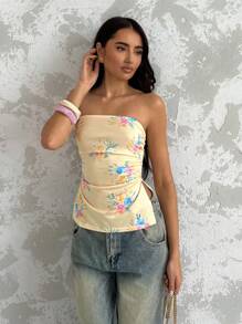 Glamine Áo Bandeau nhún bèo họa tiết hoa màu vàng dành cho nữ, trang phục thường ngày ngày lễ, áo crop top, áo ống, áo mùa hè - Màu vàng - Xem 3