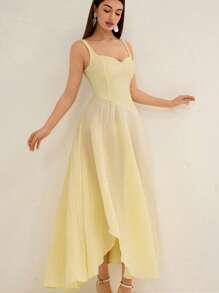 SHEIN Unity Nuevo vestido elegante de estilo vacacional para mujer con diseño premium simplista, de unicolor, textura de tela, cuello en forma de corazón, cintura asimétrica estilizante, bajo alto y sin mangas, color amarillo bebé para el verano - Amarillo - Ver 4