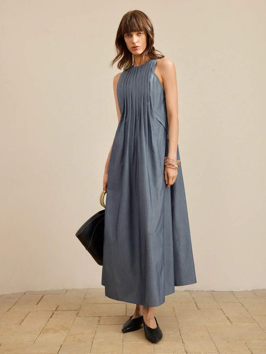 Ontre 女士长款海军蓝连衣裙，带口袋，褶皱西装面料，纯色无袖，时尚，适合春夏季，优雅淑女装，舒适休闲装，商务休闲办公装，低调复古风格，高品质都市通勤，高端机场时尚，优质材料 - 深灰色 - 查看 1