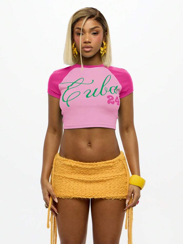 SUMWON Summer Festival Essential Baby Crop Top Short Sleeve Raglan Color Block Graphic Fitted Cotton Cropped Tee Casual Shirt