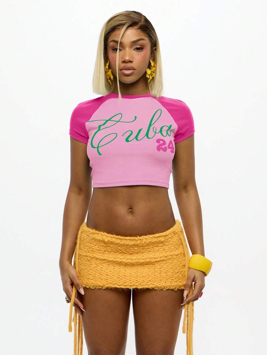 SUMWON WOMEN Summer Festival Essential Baby Crop Top Short Sleeve Raglan Color Block Graphic Fitted Cotton Cropped Tee Casual Shirt - Pink - View 1