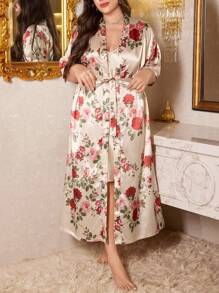 LuxeNights 大码睡衣套装：纯色吊带背心裙和花卉印花长袍豪华家居服 - 彩色 - 查看 6