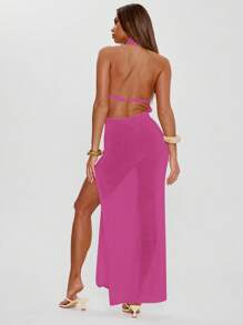 MUSERA Pink 70s Retro High Racer Neck Lightweight Knitted Fitted Low Back Maxi Dress With Split, Ibiza Party Autumn Spring Summer Beach Wedding Guest - Hot Pink - View 2