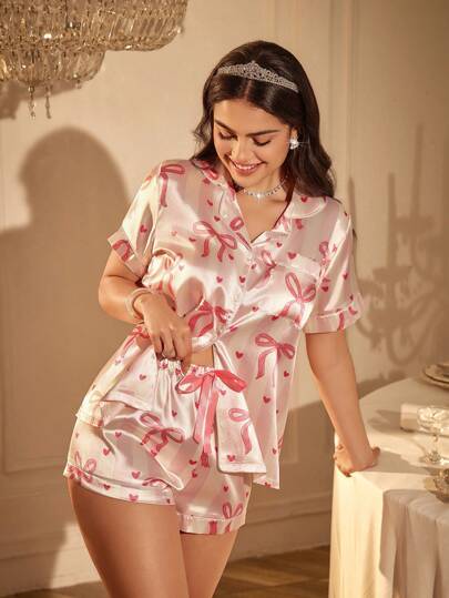 LuxeNights Set de pijama de 2 piezas con top de manga corta y shorts con estampado de lazos, para primavera/verano