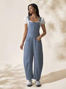 Easelle Women's Casual Blue & White Striped Cropped Jumpsuit, Spring/Summer - Blue and White - View 1