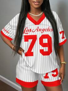 Slaydiva 2pcs Set: 79 Number Striped Graphic Short Sleeve Cropped T-Shirt For Women, Casual Summer Outfit Suitable For Going Out