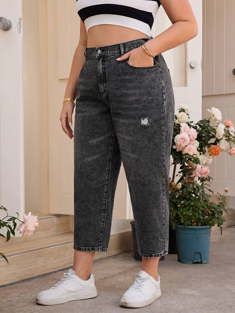 SHEIN Essnce 大码简约时尚牛仔裤，适合夏季 - 黑色 - 查看 3