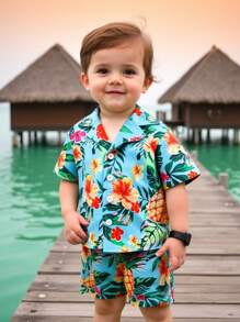 2pcs Toddler Infant Baby Boys Vacation Green Tropical Plant Pattern Short Sleeve ShirtElastic Waist Shorts Set, Kid Clothes. Toddler Clothes, Toddler Shirt, Toddler Short ,Baby Set, 6M-3T Toddler Boy Vacation Clothes Baby Boys Clothing Vacation Toddler Boys Vacation Outfits Toddler Boy Beach Clothes Baby Boy Hawaiian Shirt