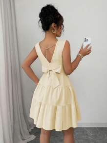 Elenzga 女士纯色蝴蝶结装饰圆领无袖连衣裙 - 杏色 - 查看 5