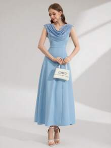 Modelyn Women's Niche Design High-End Sense Ruffle Neck Cinched Cinched Waist Dress - Blue - View 7