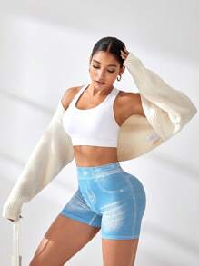 Easithlete 1 pieza Pantalón corto deportivo tejido sin costuras, efecto de mezclilla azul, pantalón corto para yoga, fitness y entrenamiento - Celeste - Ver 4