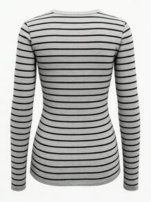 SHEIN Women's Casual Striped Long Sleeve Fitted T-Shirt Fall Cloth For Women - Grey - View 2