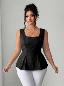 Elenzga 大码女式方领优雅法式 A 字腰衬衫上衣，荷叶边上衣 - 黑色 - 查看 3