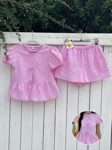 2件套青少年女孩休闲舒适圆领泡泡袖蝴蝶结衬衫和短裤套装 - 粉色 - 查看 7