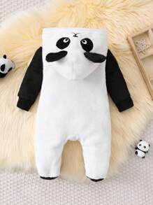 SHEIN 新生儿可爱熊猫耳朵刺绣图案连脚睡衣，婴儿连体衣家居服 - 黑色 - 查看 2