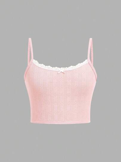 Girls Pink Sweet & Cute Textured Lace Bow Camisole Underwear, Plus Size