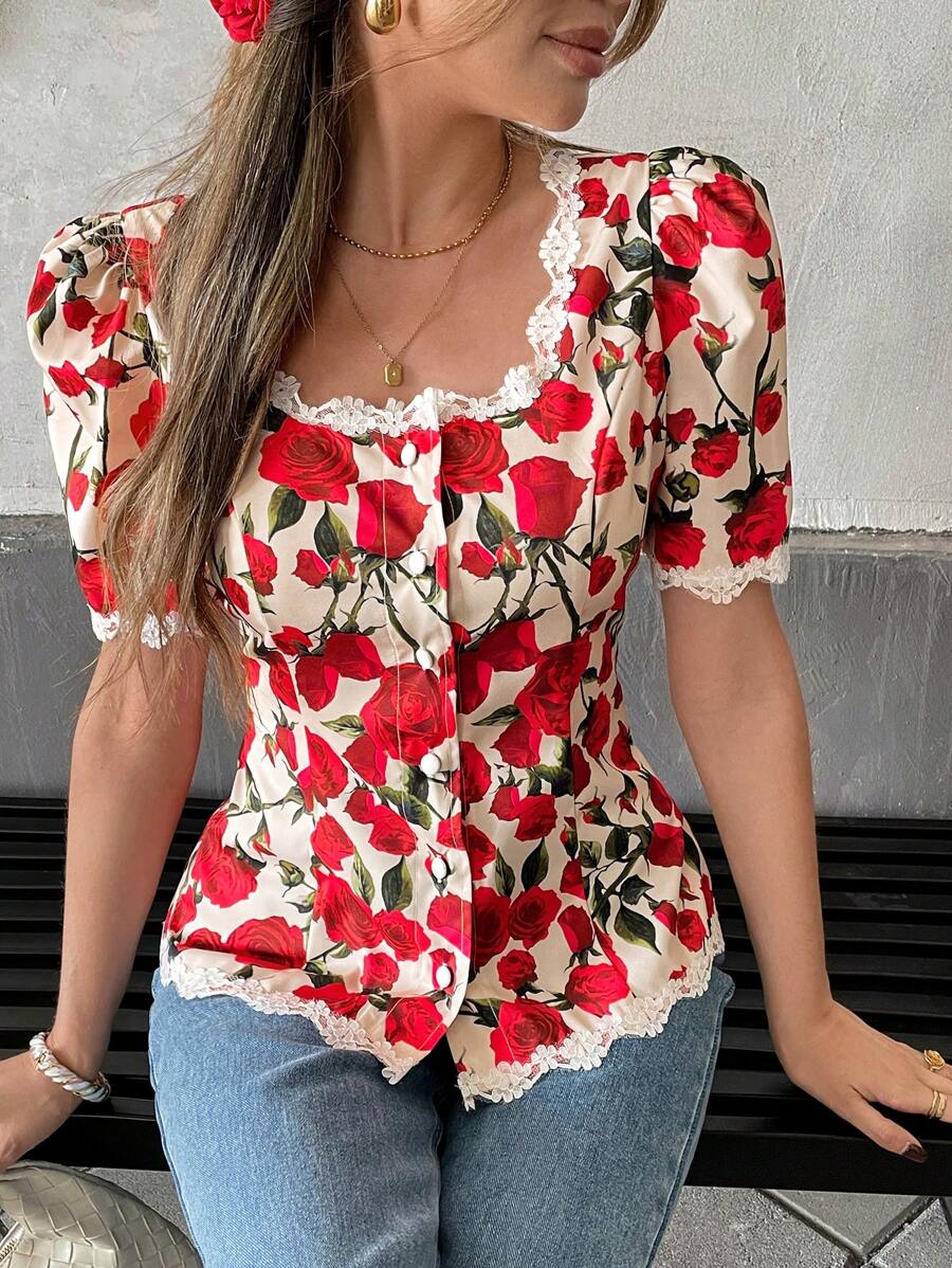 Pariaura 女式法式短袖花卉蕾丝衬衫 - 紅色 - 查看 1