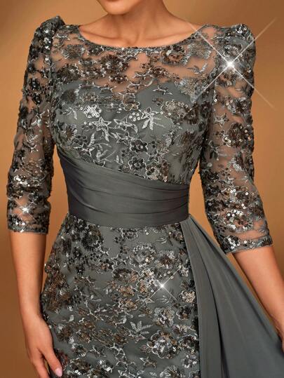 Serin Vestido elegante y lujoso de manga larga transparente con bordado de perlas, encaje y empalme de satén, estilo sirena con abertura lateral, adecuado para bodas, fiestas, vacaciones, galas, vestido de noche para la madre de la novia