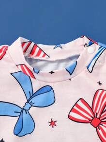 SHEIN Baby Girl Summer Bodysuit With Patriotic Element Prints, Pink, Comes With Matching Headband, Everyday/Outdoor Essential,4th Of July - Pink - View 7