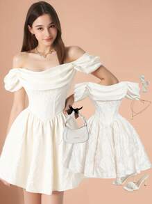 Girlism 少女杏色纹理露肩短裙，休闲春季约会连衣裙，毕业礼服，节日家庭户外春季野餐和日常穿着，适合婚礼等各种场合，优雅 - 杏色 - 查看 6