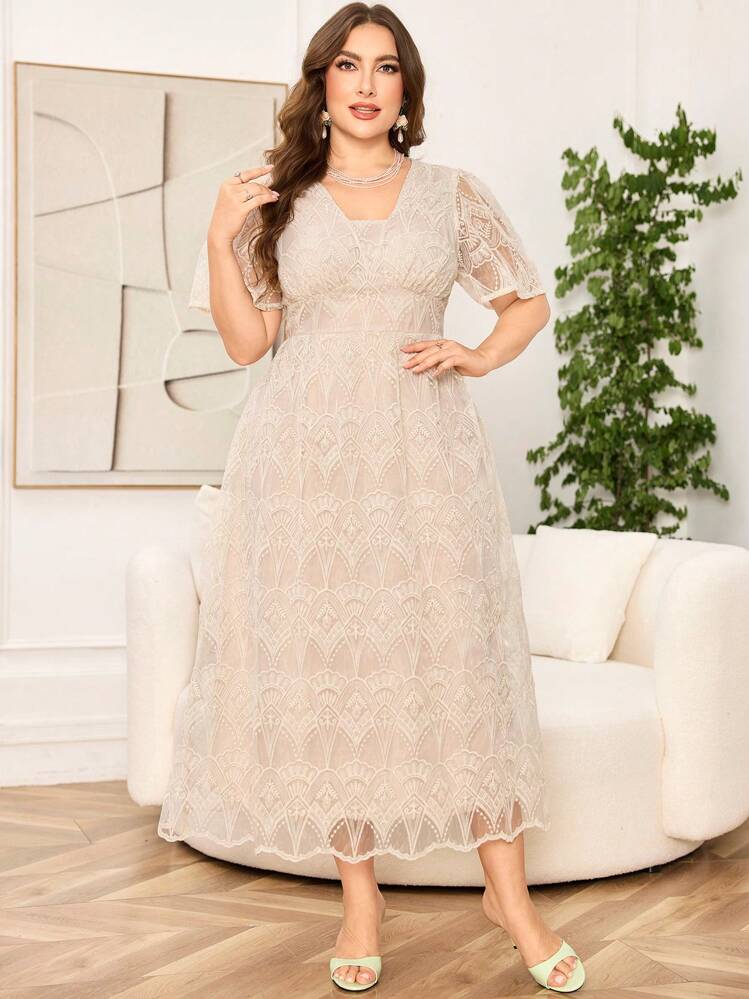 Modelyn Elegant Organza Embroidery Short Sleeve A-Line Waist Midi Dress For Plus Size, Suitable For Spring/Summer - Apricot - View 2