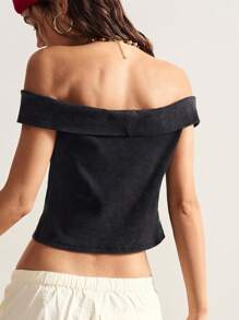 Bohemela Casual Solid Color Knitted Off The Shoulder Cropped Women Top - Black - View 8