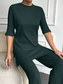 EURMUSE 100%Cotton Drop Shoulder Tee & Pants - Green - View 5