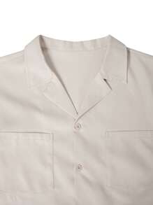 Manfinity Homme Men's Solid Color Short Sleeve Single-Breasted Pocket Shirt And Shorts Set, Summer - Beige - View 3