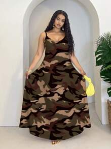 Veslaya 大码休闲简约迷彩印花绿色连衣裙，适合夏季 - 彩色 - 查看 5