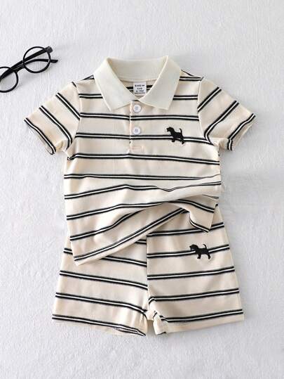 SHEIN Playful Pals 2pcs/Set Baby Boys Casual Fashion Embroidered Striped Polo Collar Short Sleeve Top And Matching Shorts Set, Suitable For Spring/Summer Outdoor, Indoor, Sports, Comfortable, Collegiate Style