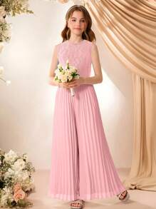Tween Girls' Elegant Fashion Crew Neck Sleeveless High Waist Solid Color Lace Trim Pleated Long Jumpsuit, Flower Girl Wedding White Outfit, School, Campus, College - Pink - View 1