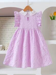 SHEIN 女孩优雅纯色提花纹理盖袖装饰花领高腰 A 字公主裙，适合旅行、度假、派对、生日礼物、夏季